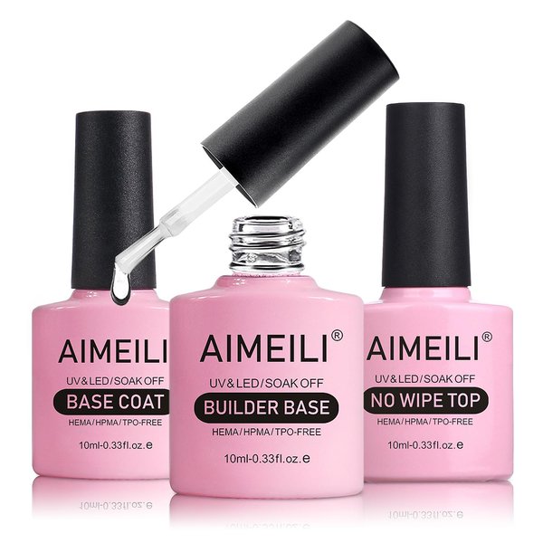 AIMEILI Builder Nail Gel, Base Coat, and No Wipe Top Coat Kit Set 3 Pcs 10ML Soak Off U V LED Gel Nail Polish