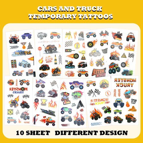 10 Sheets of Tattoo Stickers, Disposable Children'S Tattoos, Racing Monster Truck Stickers, Party Supplies, Temporary Tattoos, Birthday Decorations for Children, Boys, Kids