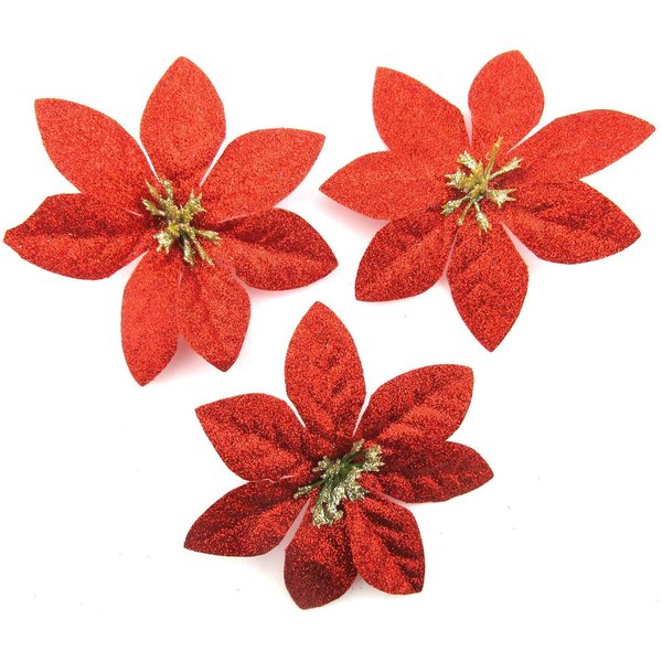 3 pc Lot 3 1/2" Red and Gold Glitter Poinsettia Silk Flower Hair Clips