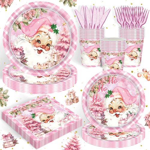 120PCS Christmas Party Supplies for Kids Child Merry Xmas Themd Baby Shower Birthday Holiday Festival Party Decorations Pink Santa Claus Tableware Set Plates Napkin Cups Set for 20 Guests