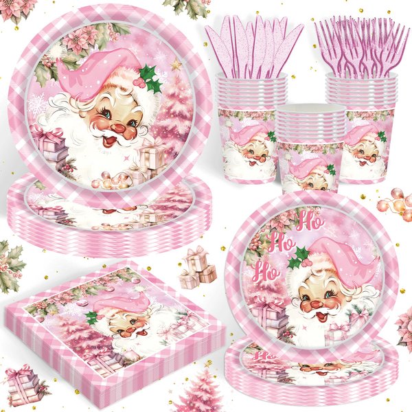 120PCS Christmas Party Supplies for Kids Child Merry Xmas Themd Baby Shower Birthday Holiday Festival Party Decorations Pink Santa Claus Tableware Set Plates Napkin Cups Set for 20 Guests