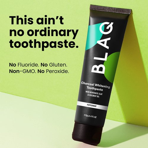 BLAQ Activated Charcoal Teeth Whitening Toothpaste | Vegan Organic SLS Free Toothpaste with Coconut Oil and Bentonite Clay | Charcoal Toothpaste for Whitening Teeth, Removing Stains - 4 OZ / 113g