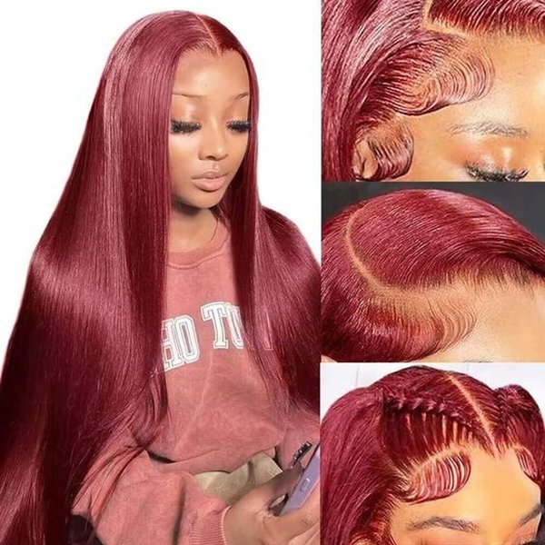 Fiumer 99j Burgundy Lace Front Wigs Human Hair 30inch 13x6 HD Transparent Lace Straight Red Wig Human Hair Colored Reddish Brown Lace Frontal Wigs Human Hair 180% Density Pre Plucked With Baby Hair