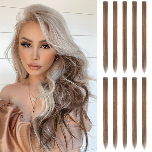 FESHFEN Colored Hair Extensions, Light Brown Clip in Hair Extension 10 PCS Colorful Hair Piece Straight Synthetic Clip in Hairpieces for Women Daily Party, 22 inch
