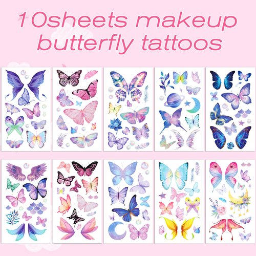 HOWAF 10 Sheets Glitter Butterfly Temporary Face Tattoos, Spring Fairy Flowers Tattoo Stickers for Face Eye Body, Glitter Butterflies Themed Tattoos Stickers for Birthday Party Favors Party Fillers