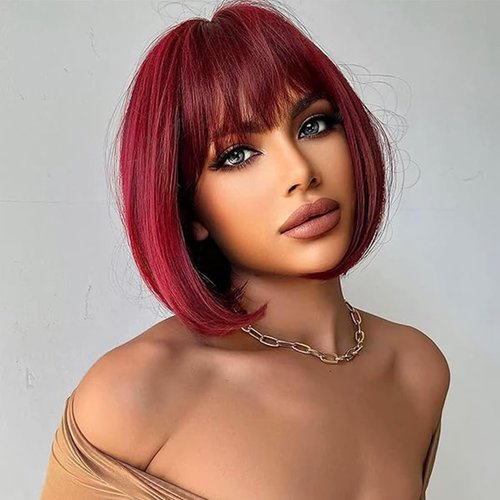 winacdkil Red Bob Wig With Bangs -12 Inch Natural Fashion Bob Wigs for Women, Cute Colored Synthetic Wig for Daily Party Halloween (Red)…