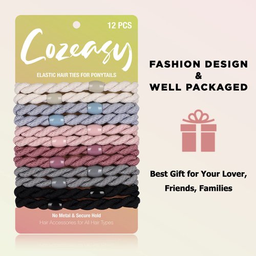COZEASY 12 pcs Braided Elastic Hair Ties, No-Metal Gentle Secure Hold Ponytail Holders, No Damage or Snagging Hair Bands, Perfect for Girls and Women with Thick or Curly Hair (Multicolor 10)