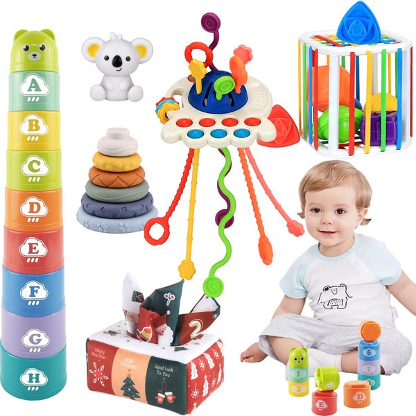 5 in 1 Baby Toys 6 to 18 Months, Montessori Sensory Toys for Babies, Infant Toys Set Includes Shape Sorter, Baby Tissue Box, Pull String Toys, Soft Stacking Rings, Stacking Cups, Gifts for Boys Girls
