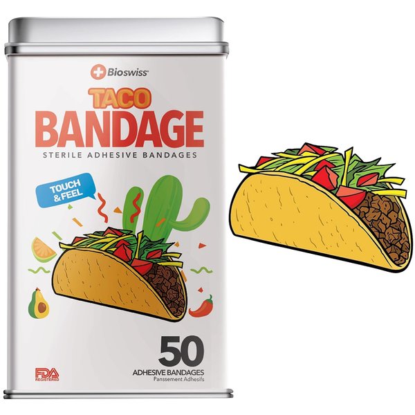 BioSwiss Bandages, Taco Shaped Self Adhesive Bandages, Latex Free Sterile Wound Care, Fun First Aid Kit Supplies for Kids, 50 Count