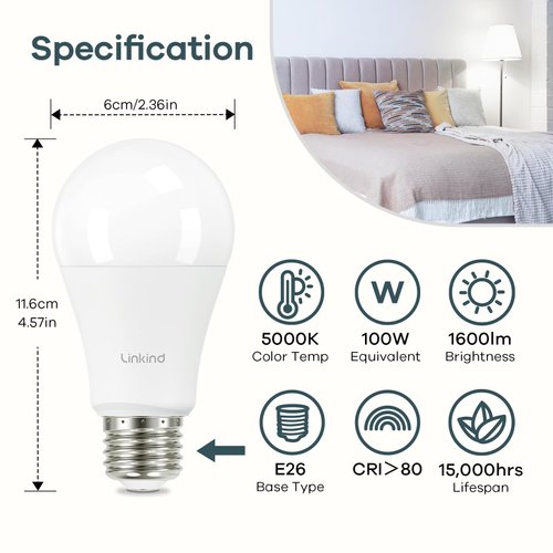 Linkind A19 LED Light Bulb, 100W Equivalent Light Bulbs, 14W 5000K Daylight, 1600 Lumens Non-Dimmable LED Bulb, E26 Standard Base, Energy Efficient UL Listed, 6-Pack