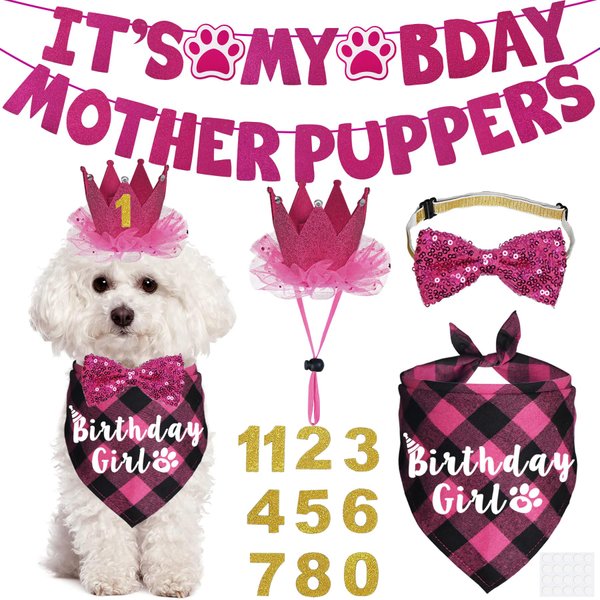 JOTFA Dog Birthday Decorations, Multi Sizes Dog Birthday Bandana Girl Dog Birthday Hat Crown Bow Tie Birthday Numbers It’s My Bday Mother Puppers Sign Banner for Small Dogs Pets (Pink, Small)