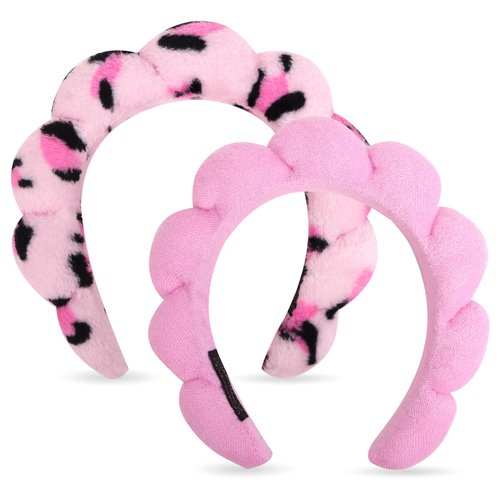 Wecoe 2pcs Skincare Headband For Washing Face Spa Makeup Face Wash Headband Cute Pink Black Cheetah Leopard Printed Puffy Sponge Bubble Headband Hair Accessories For Women Girls Kids Teens Gifts