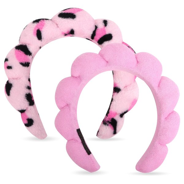 Wecoe 2pcs Skincare Headband For Washing Face Spa Makeup Face Wash Headband Cute Pink Black Cheetah Leopard Printed Puffy Sponge Bubble Headband Hair Accessories For Women Girls Kids Teens Gifts