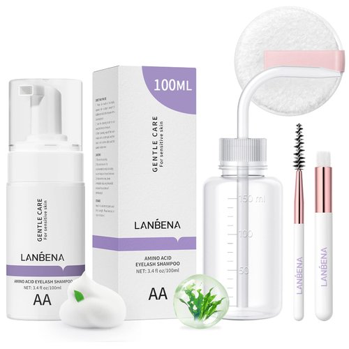 LANBENA Lash and Eyelash Cleanser Kit 100ml - Amino Acid Foam for Sensitive Skin, Makeup Remover, Paraben & Sulfate Free