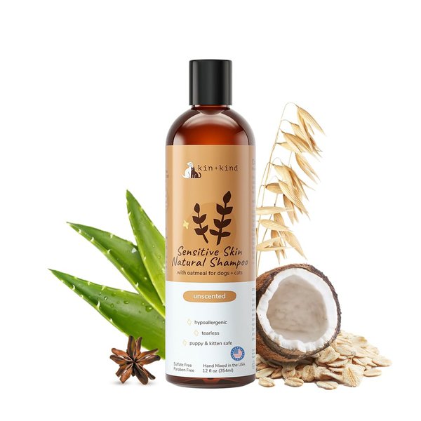 Oatmeal Shampoo for Dogs and Cats by kin+kind - Cat & Dog Shampoo for Sensitive Skin with Colloidal Oatmeal - Safe, Natural Formula with Olive Oil and Coconut Oil (12 fl oz) - Made in USA