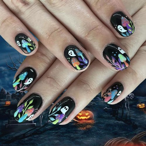 White Ghost Press on Nails Short Square Shape Halloween Fake Nails with Mushroom Designs Cute Ghosts Acrylic Nails Glue on Nails Full Cover Spooky False Nails for Women Girls Reusable Kit 24 Pcs