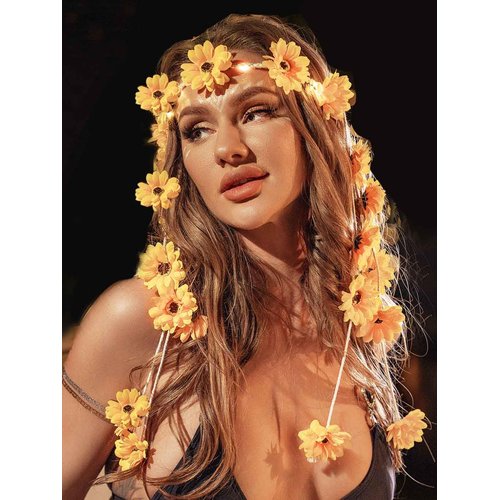 GORTIN Light up Sunflower Rave Headband LED Hippie Flower Headband Bohemian Beach Hair Band Party Costume Headdress for Women and Girls
