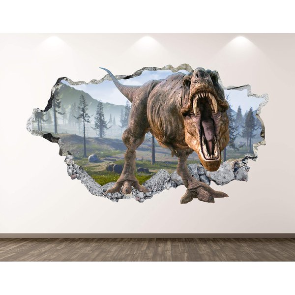 Wild Dinosaur Wall Decal Art Decor 3D Smashed T-Rex Sticker Poster Kids Room Mural Custom Gift BL380 (30"W x 18"H)