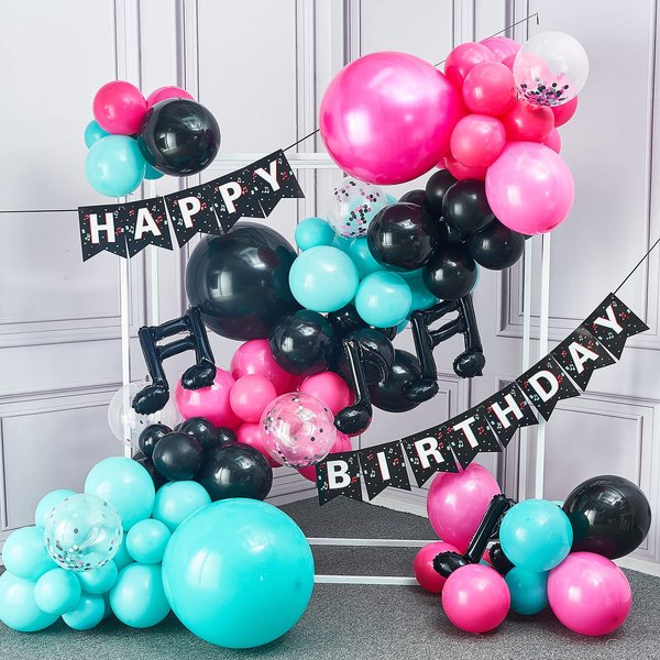 PartyWoo Tik Tok Birthday Party Decorations, 140 pcs Tik Tok Party Supplies and Balloon Arch Kit, 4 Music Note Balloons, Happy Birthday Banner for Music Themed Party, Tiktok Party