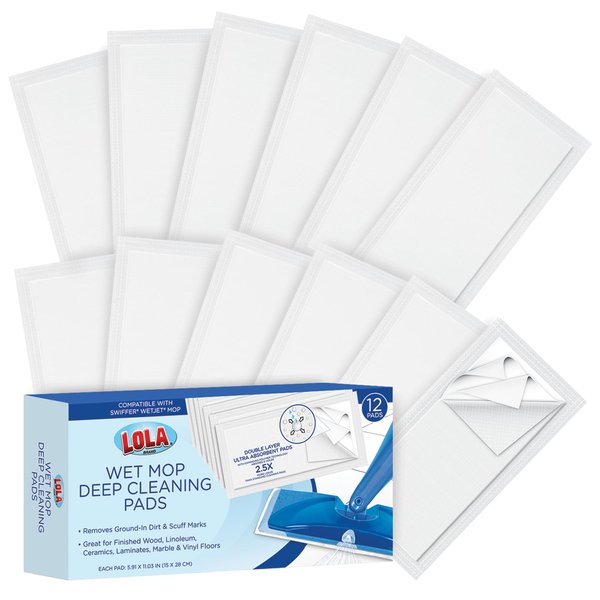 Lola Products Wet Jet Refills, Swiffer Wet Jet Mop Compatible, Floor Cleaner Pads clean Hardwood, Linoleum, Laminate, Marble & Vinyl, Disposable - 12 Pack