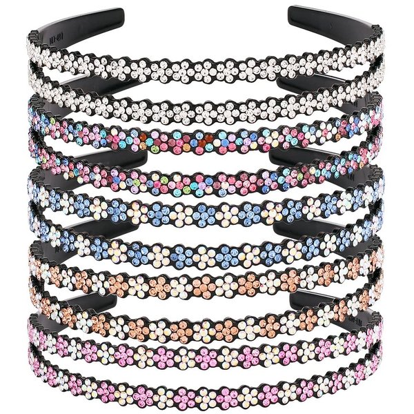 FASOTY 5 Pack Rhinestone Headband Wavy Fashion Nonslip Double Rows Bling Crystal Beaded Headband with Teeth Plastic Headband Flower Hair Hoop Hair Accessories for Women Girls Rainbow