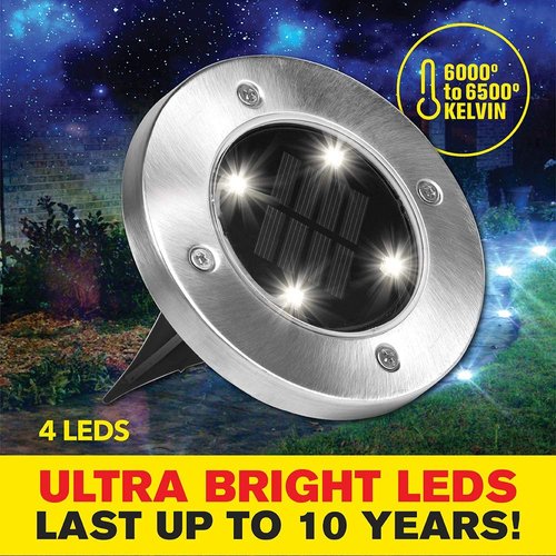 Bell+Howell Disk Lights Solar Ground Lights -Wireless Auto On/Off Solar Pathway Garden Outdoor Lighting with 4 LED Bulbs for Lawn, Patio, Garden, Yard, Pathways Waterproof, 4 Packs, As Seen On TV