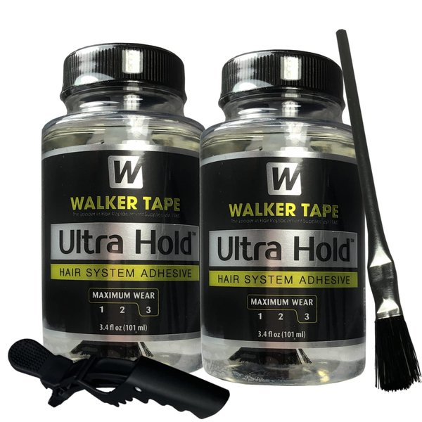 2pcs Ultra Hold Hair System Adhesive 3.4oz w/Hair Clip & Brush Bundle Pack | Waterproof Invisible Long-Lasting | Front Bonding Weave Toupees Wigs Extensions Lace Wig Glue | Bold Hold Adhesive