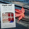 Fall Press on Nails Short Square Fake Nails Maple Leaf with Design, Glossy Full Cover Fake Nails Glitter Reusable Acrylic Nails Stick on Nails Thanksgiving Autumn Medium Square False Nails for Women