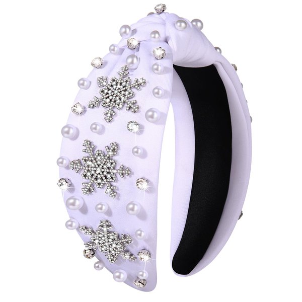 NVENF Christmas Headband for Women Jeweled Crystal Snowflake Headband Pearl Wide Top Knot Winter Holiday Headband Christmas Hair Accessories Holiday Outfits Gifts (Snowflake White 2)