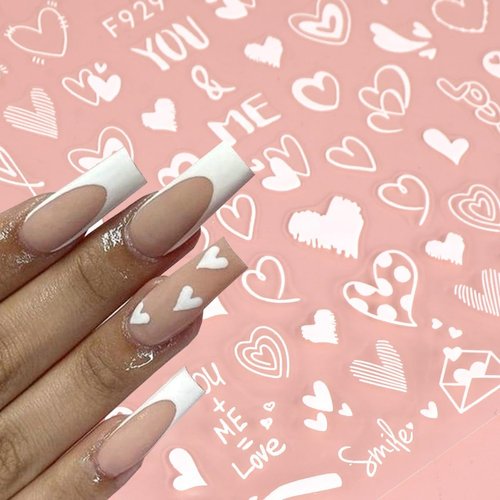 8 Sheets Heart Nail Stickers - White Love Nail Decals, Heart Nail Art Stickers for Valentine's Day 3D Self-Adhesive Designs Simple Stylish French Heart Nail Charms for Women Girls DIY Nail Decoration
