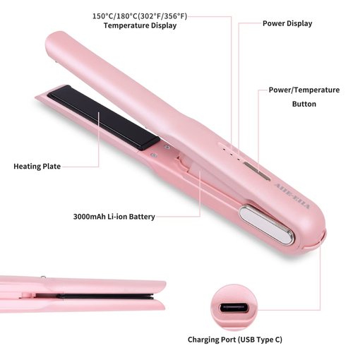 Cordless Hair Straightener, Portable Flat Iron for Hair, Fast Heating Flat Iron, Adjustable Temperature, Type-C Rechargeable, Mini for Travel(Pink)