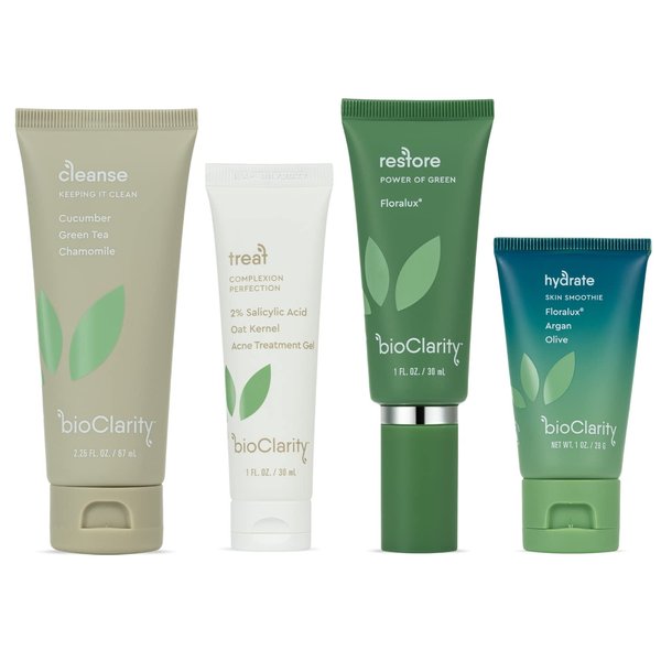 BioClarity 4-Step Clear Skin Routine: Cleanse, Treat, Restore, Hydrate | For Oily or Acne-Prone Skin | Reduce Irritation and Redness | 100% Clean, Vegan Ingredients (Mini Size)