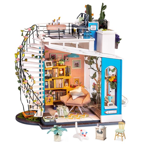 Rolife DIY Miniature House Kit Dora's Rooftop, Tiny House Kit for Adults to Build, Mini House Making Kit with Furnitures, Halloween/Christmas Decorations/Gifts for Family and Friends (Dora's Rooftop)