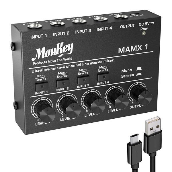 Moukey Mini Audio Mixer Line Mixer, DC 5V, 4-Stereo Ultra, Low-Noise 4-Channel for Sub-Mixing, Ideal for Small Clubs or Bars, As Guitars, Bass, Keyboards Mixer, 2021 New Version-MAMX1