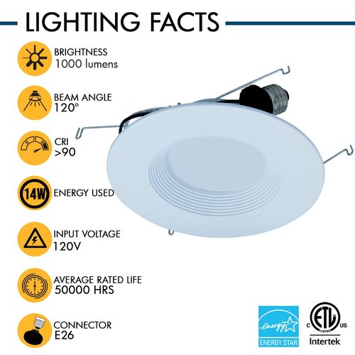 AH Lighting Retrofit Kit Baffle Reflector Trim, 6 Inch Dimmable LED 5CCT Downlight Recessed Lighting, 14 Watt, 1000 Lumens, ES Qualified, UL Listed