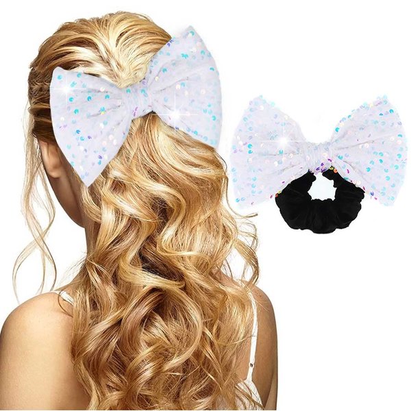 CAKURE Bow Hair Scrunchies Bowknot Hair Ties Sequins White Velvet Scrunchy Elastic Hair Band Hair Bows Scrunchy Ponytail Holder Hair Accessories for Women and Girls (Type G)