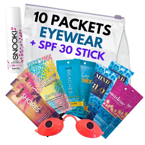 Assorted Tanning Bed Lotion (10 Packets), SPF 30 Face Stick & EYE WEAR, Random Mix of Snooki My Beaches, Mind Body Glo, Get Real, Sunshine & Shorelines Tanning Bed Lotion Sampler (0.57 oz each)