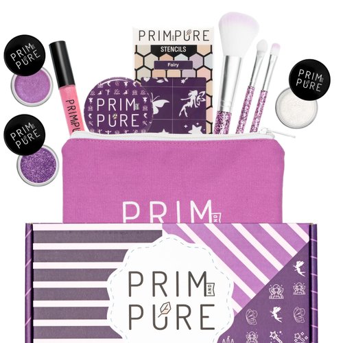 Prim and Pure Kids Makeup Gift Set - Stencil, Makeup Eyeshadow Bioglitter Lip Gloss and Cosmetic Bag Mirror Makeup Brush Accessories (Fairy Purple)