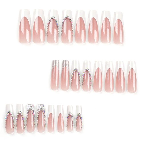 Press on Nails Long Coffin BAOYAALIN, White Fake Nails with Rhinestones Flower Design Gel Glue on Nails for Women Girls Full Cover Acrylic Artificial False Stick on Nail for Wedding 24Pcs in 12 Sizes