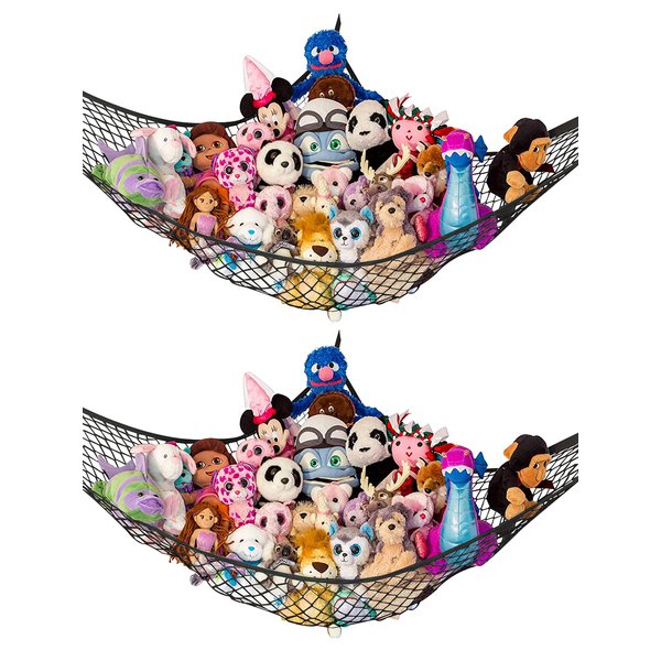 Lilly's Love Stuffed Animal Hammock | Corner Hanging Organizer, Stuffed Animal Storage | Easy to Hang Plushie Net w/Included Anchors & Hooks | Cute Room & Bedroom Decor (Black, 2 Pack)