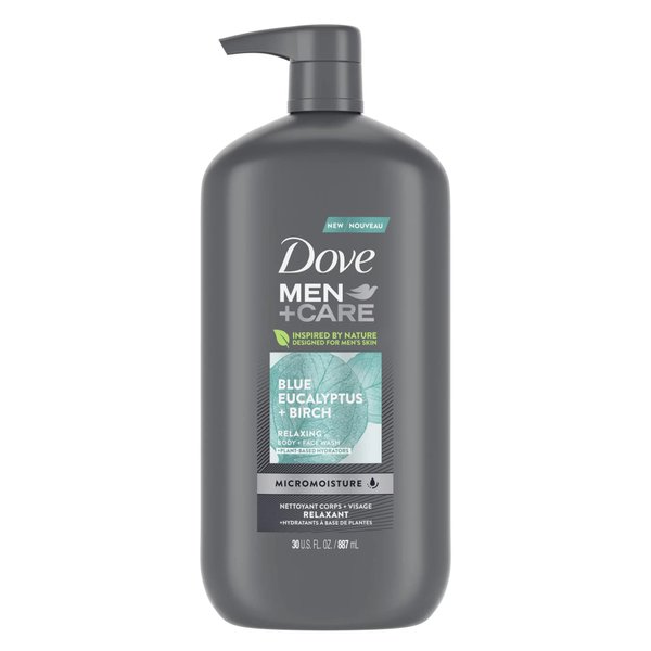 Dove Men+Care Body Wash Blue Eucalyptus Birch Micromoisture Relaxing Body & Face Wash for Men 30 Fl. Oz.