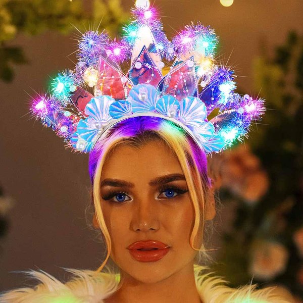 BARTOSI Light Up Headband LED Seashell Headbands Glow Hairband Party Costume Headpiece Pearl Mermaid Hair Accessories for Women
