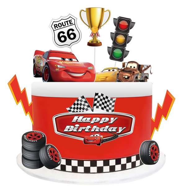 10 PCS Race Car Cake Decoration, Race Car Cake Toppers Checkered Flag Themed Cake Decoration Two Fast Cake Topper Themed Birthday Party Supplies for Boy Girl Cake Decoration