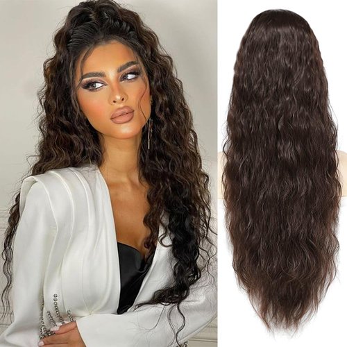 KETHBE Ponytail Extension, 26 Inch Drawstring Ponytail Hair Extensions Synthetic Long Curly Wavy Hair Extensions Ponytail Thick Hair Pieces for Women (Dark Brown)