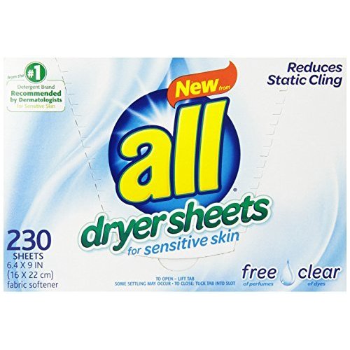 all Fabric Softener Dryer Sheets for Sensitive Skin, Free Clear, 230 Count