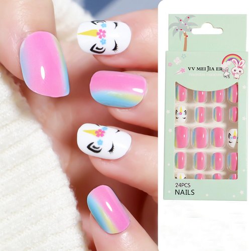 Cute Press on Nails 24pcs Kids Mini Stick on Nails，Full Cover Pink Colorful Artificial False Nails，Fingernails for Girls Children Party Makeovers Nail Decoration