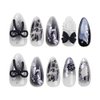 DOCVOEOMH Press on Nails Short Almond Shaped Pearls Acrylic Fake Nails with Black Bow Design Glue on Glossy Full Cover Artificial Gel False Stick on Nail for Girls Women Wedding Manicure 24Pcs
