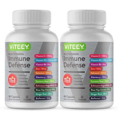 11 in 1 Immune Defense Supplement - Immune Booster Capsules for Adults & Teens with Vitamin C, Vitamin D3, Vitamin B6, Zinc, Elderberry, Echinacea, Turmeric, Rose-HIPS, Selenium, BioPerine, Ginger