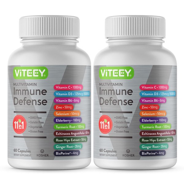 11 in 1 Immune Defense Supplement - Immune Booster Capsules for Adults & Teens with Vitamin C, Vitamin D3, Vitamin B6, Zinc, Elderberry, Echinacea, Turmeric, Rose-HIPS, Selenium, BioPerine, Ginger