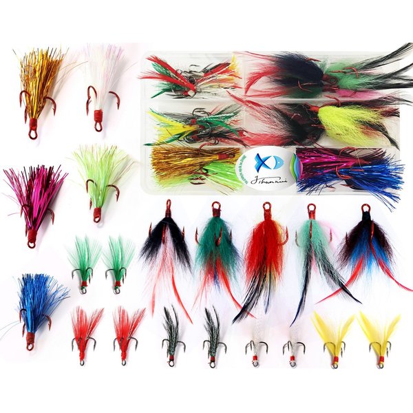 20pcs Feather Treble Hooks Round Bend Treble Fishing Hooks Feather Dressed Strong Sharp Barbed Treble Hooks Feather Hooks for Fishing Lures Bait